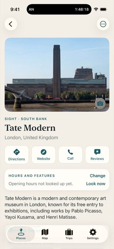 A place page with photo, directions, website and hours